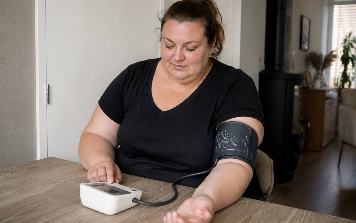Vrouw die hoge bloeddruk meet met bloeddrukapparaat